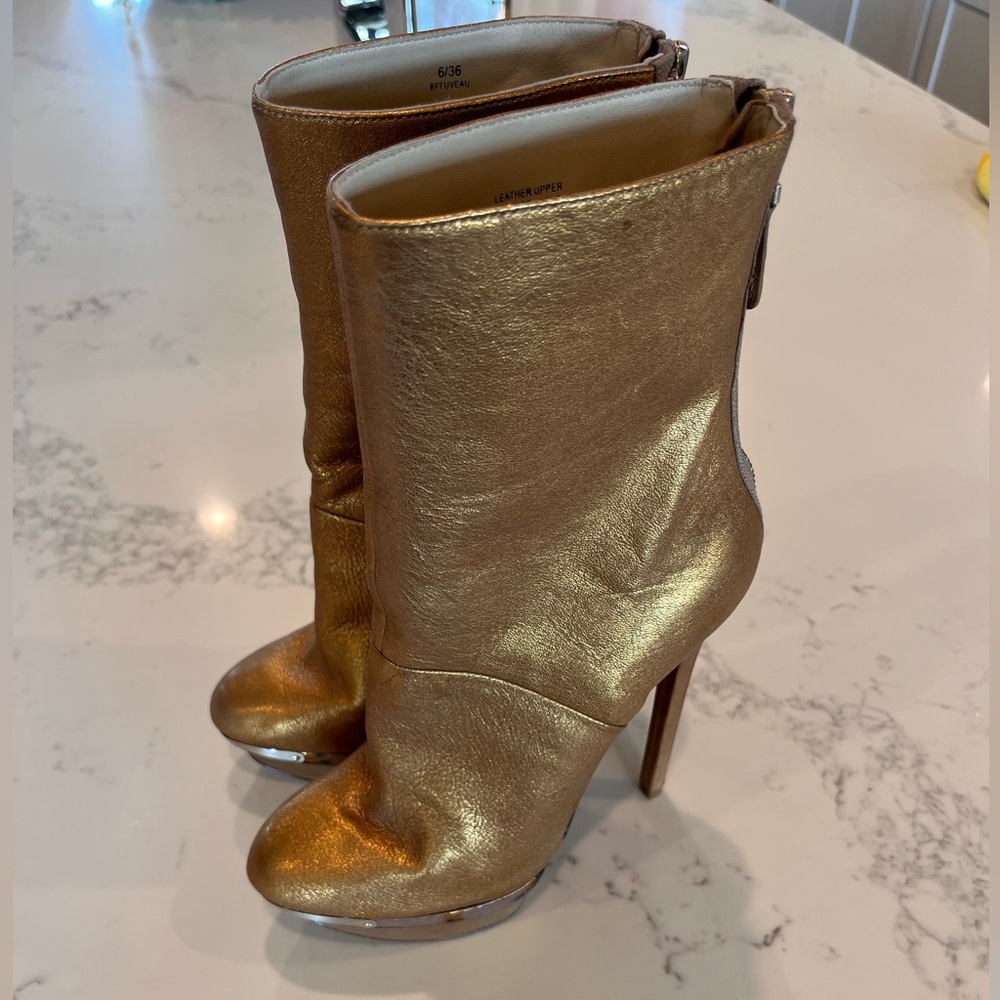 Brian Atwood Fuveau Gold Leather Mid Calf Boots
